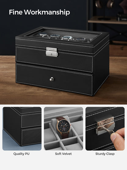 SONGMICS 20-Slot Watch Box, Watch Case With Glass Lid, 2 Layers, Lockable Watch Display Case, Black Synthetic Leather, Gray Lining Valentine Day Back To School Dormitory Storage
