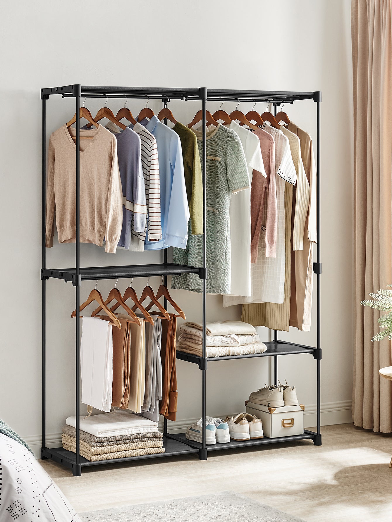 SONGMICS Clothes Rack, Closet Rack For Hanging Clothes, Clothes Wardrobe With 3 Hanging Rods And Shelves, 16.9 X 54.3 X 71.7 Inches, Freestanding Closet Wardrobe Rack