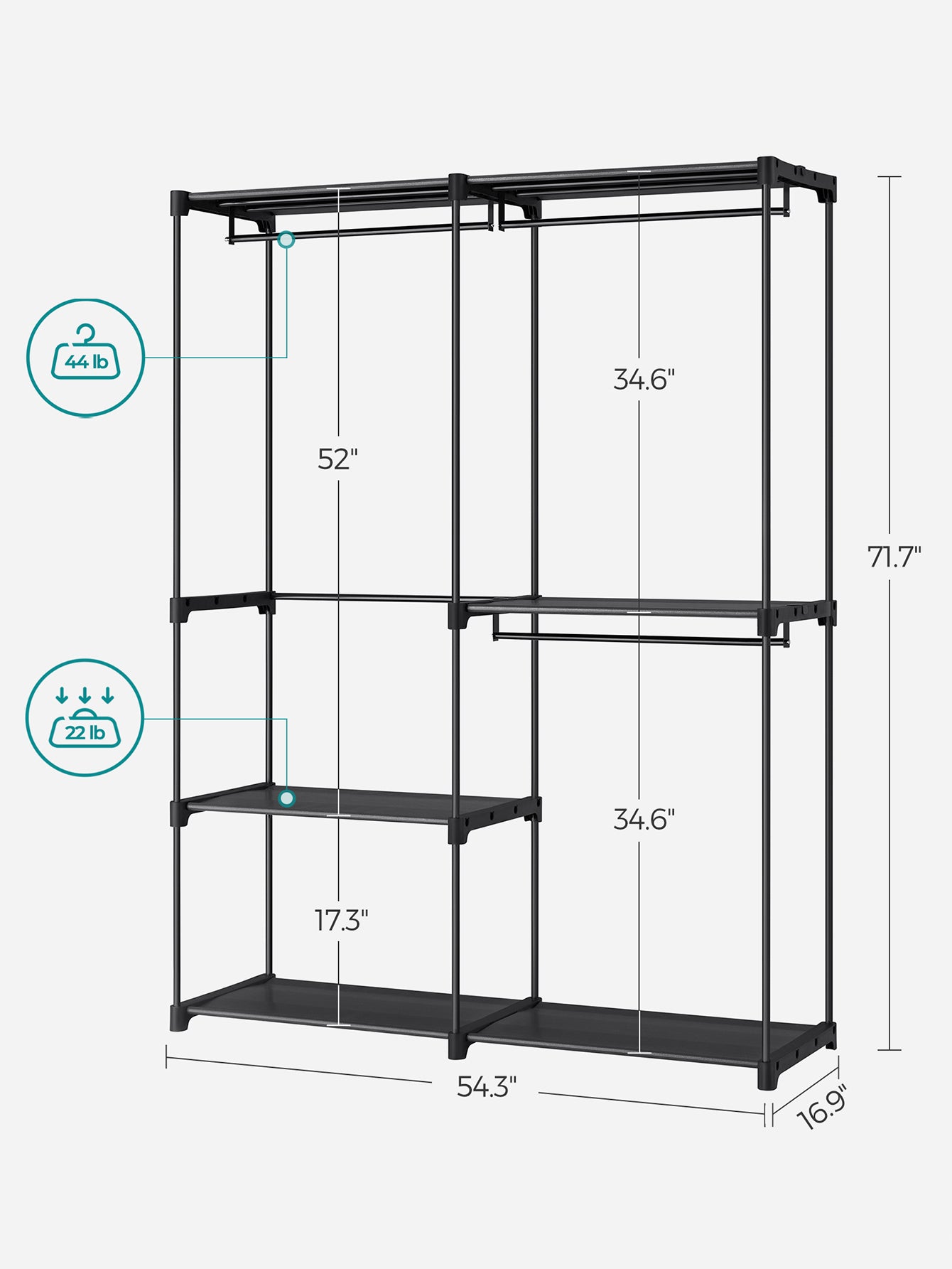 SONGMICS Clothes Rack, Closet Rack For Hanging Clothes, Clothes Wardrobe With 3 Hanging Rods And Shelves, 16.9 X 54.3 X 71.7 Inches, Freestanding Closet Wardrobe Rack