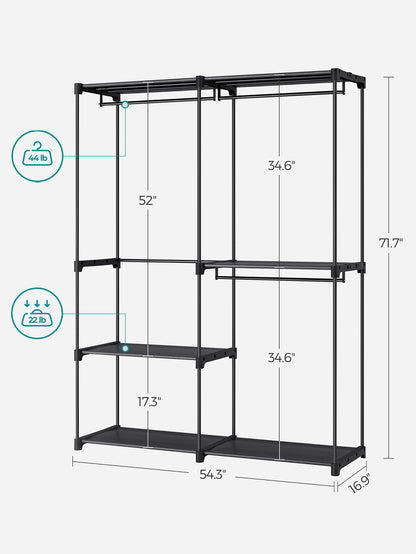 SONGMICS Clothes Rack, Closet Rack For Hanging Clothes, Clothes Wardrobe With 3 Hanging Rods And Shelves, 16.9 X 54.3 X 71.7 Inches, Freestanding Closet Wardrobe Rack