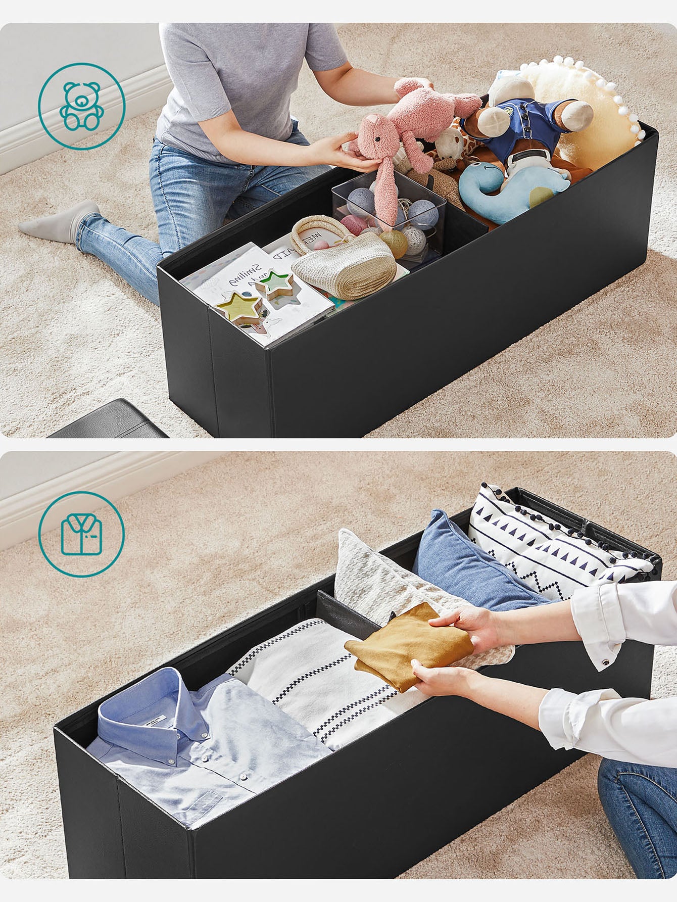 SONGMICS 43 Inches Folding Storage Ottoman Bench Storage Chest Footrest Padded Seat Faux Leather, Holds Up To 660 Lb, Beige, Black, Brown, Light Grey, Coffee Brown, Dark Gray