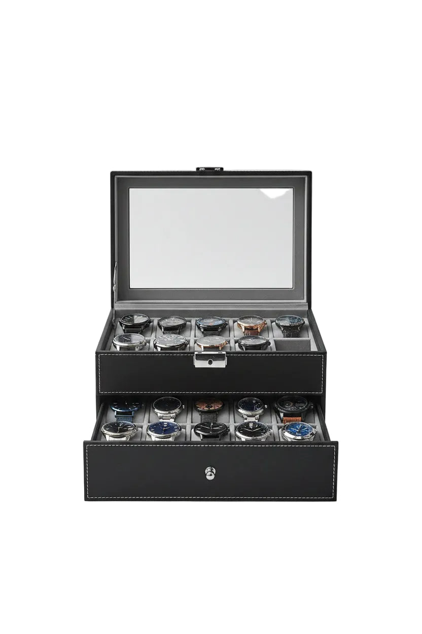 20-Slot Watch Box with Glass Lid | 2-Layer Lockable Display Case – MIRA