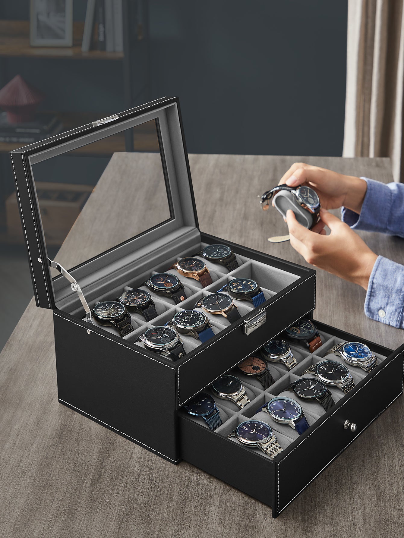 SONGMICS 20-Slot Watch Box, Watch Case With Glass Lid, 2 Layers, Lockable Watch Display Case, Black Synthetic Leather, Gray Lining Valentine Day Back To School Dormitory Storage
