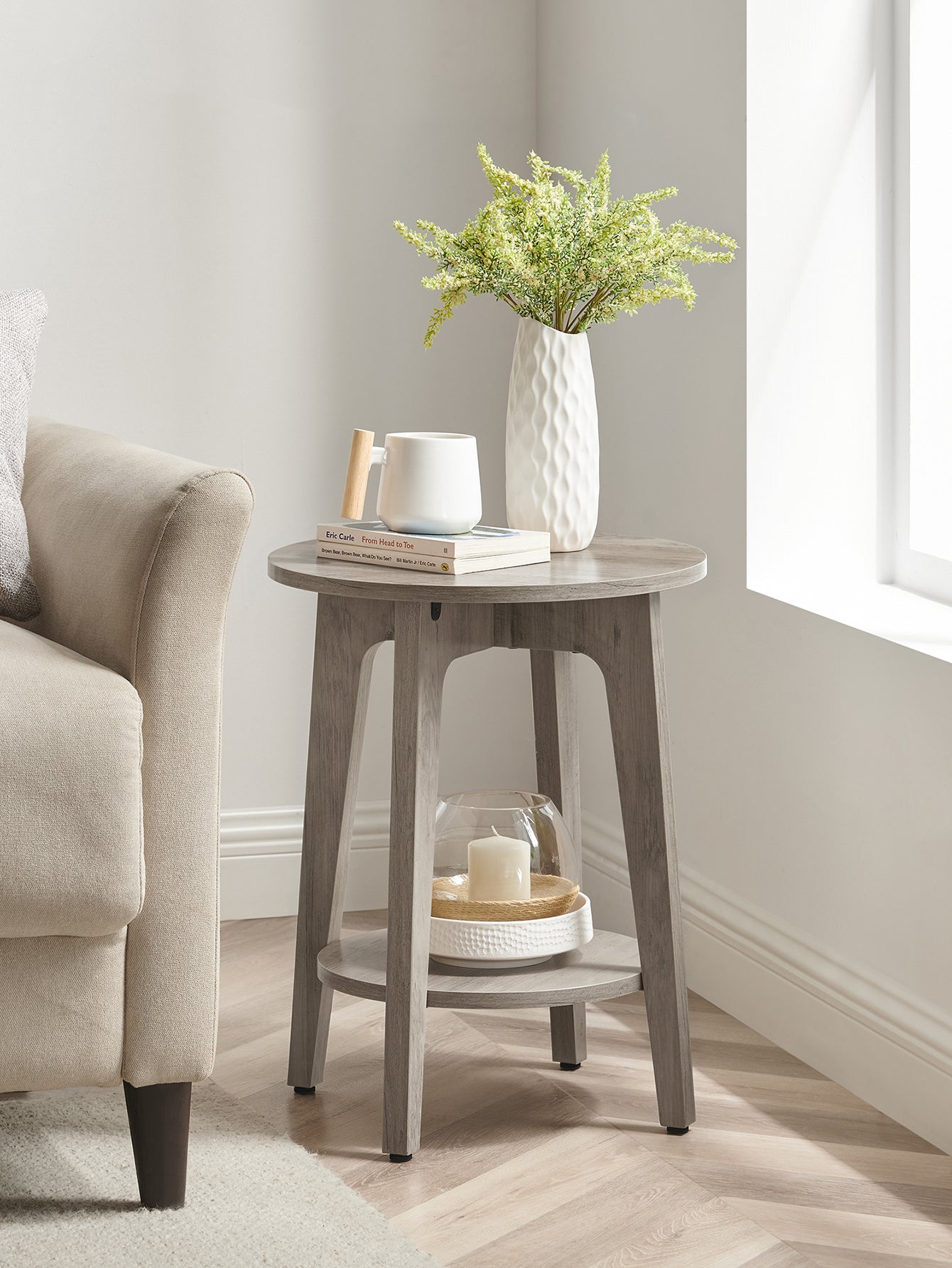 VASAGLE Round End Table With Lower Shelf, Side Table, Nightstand For Small Spaces, 15.8 X15.8 X 19.7 Inches, Room Decor, Grey And Brown