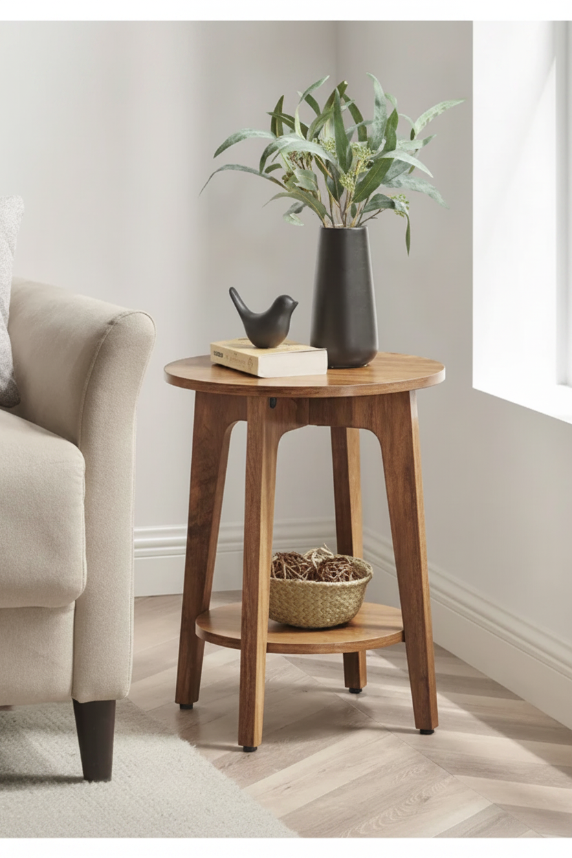 Round End Table with Lower Shelf | Compact Side Table for Small Spaces – MIRA