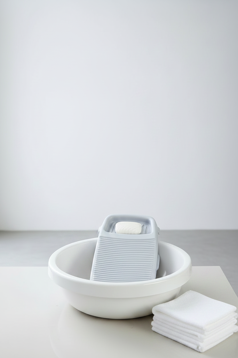Washboard resting on basin edge with soap