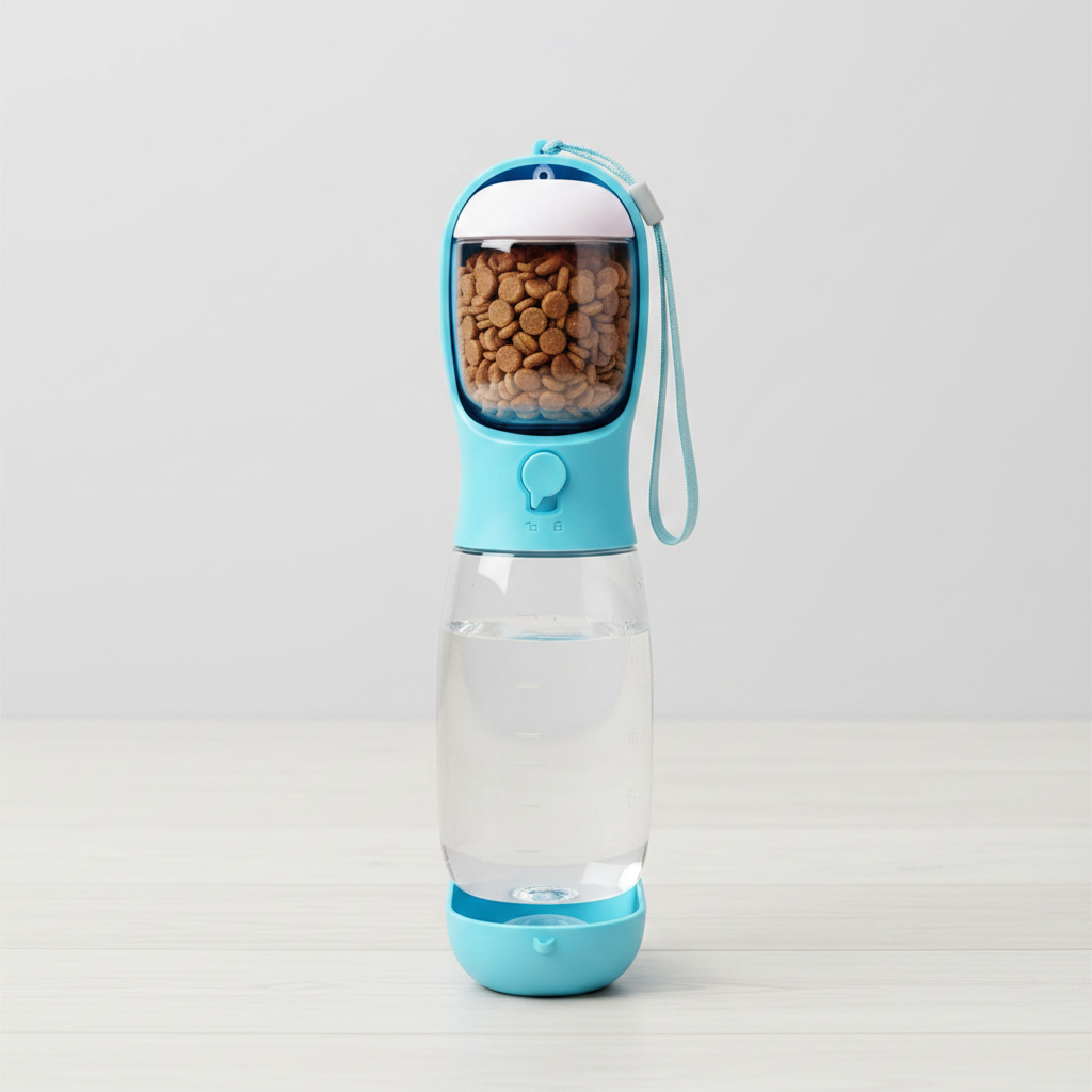 Blue 3-in-1 portable pet travel water bottle studio shot