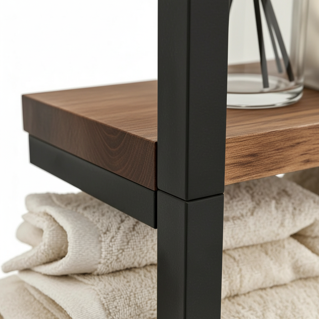 Metal frame and wood shelf close-up