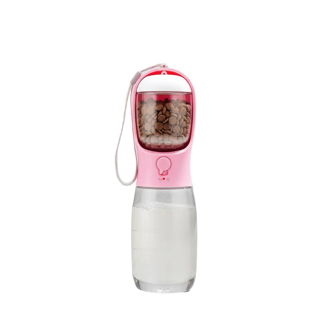 Pink 3-in-1 portable pet travel water bottle studio shot