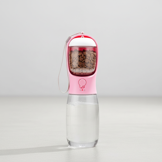 Pink 3-in-1 portable pet travel water bottle studio shot