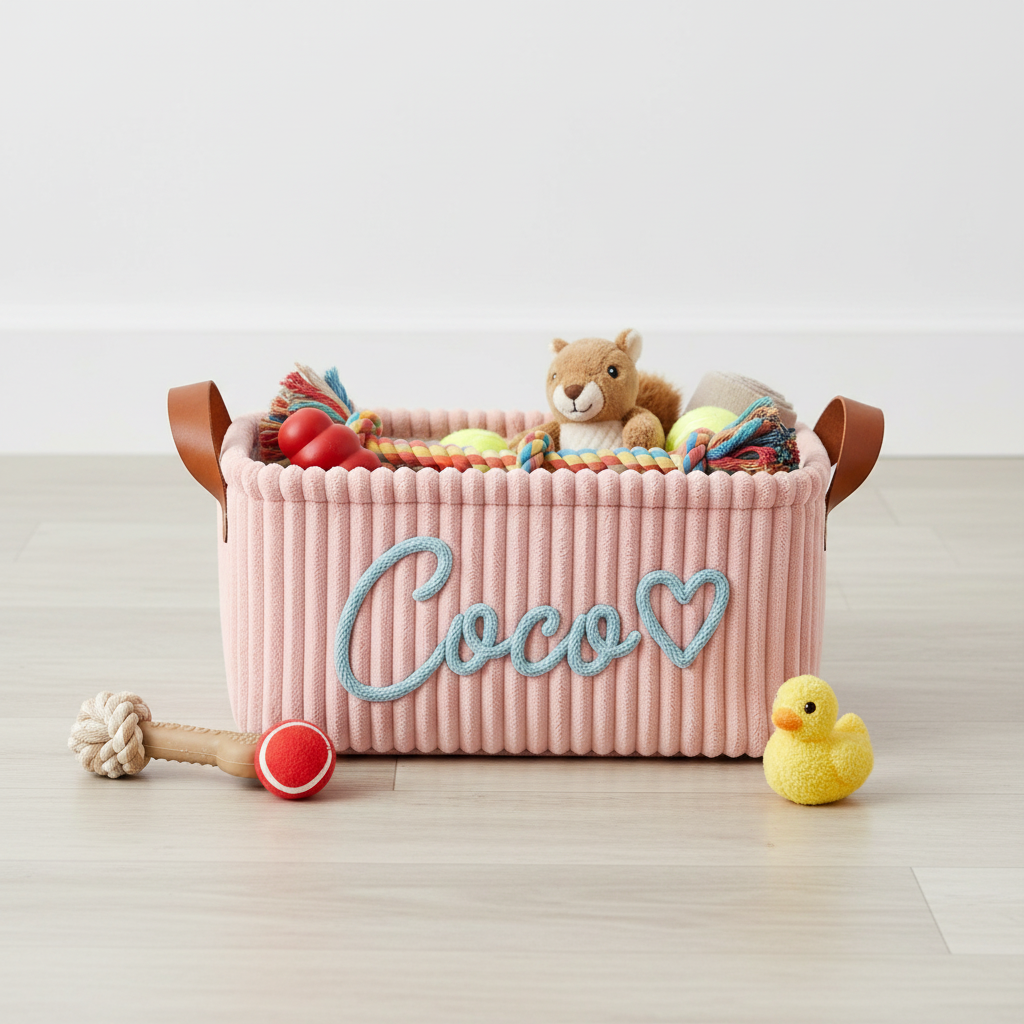 Pink corduroy dog toy basket Coco with toys scattered around