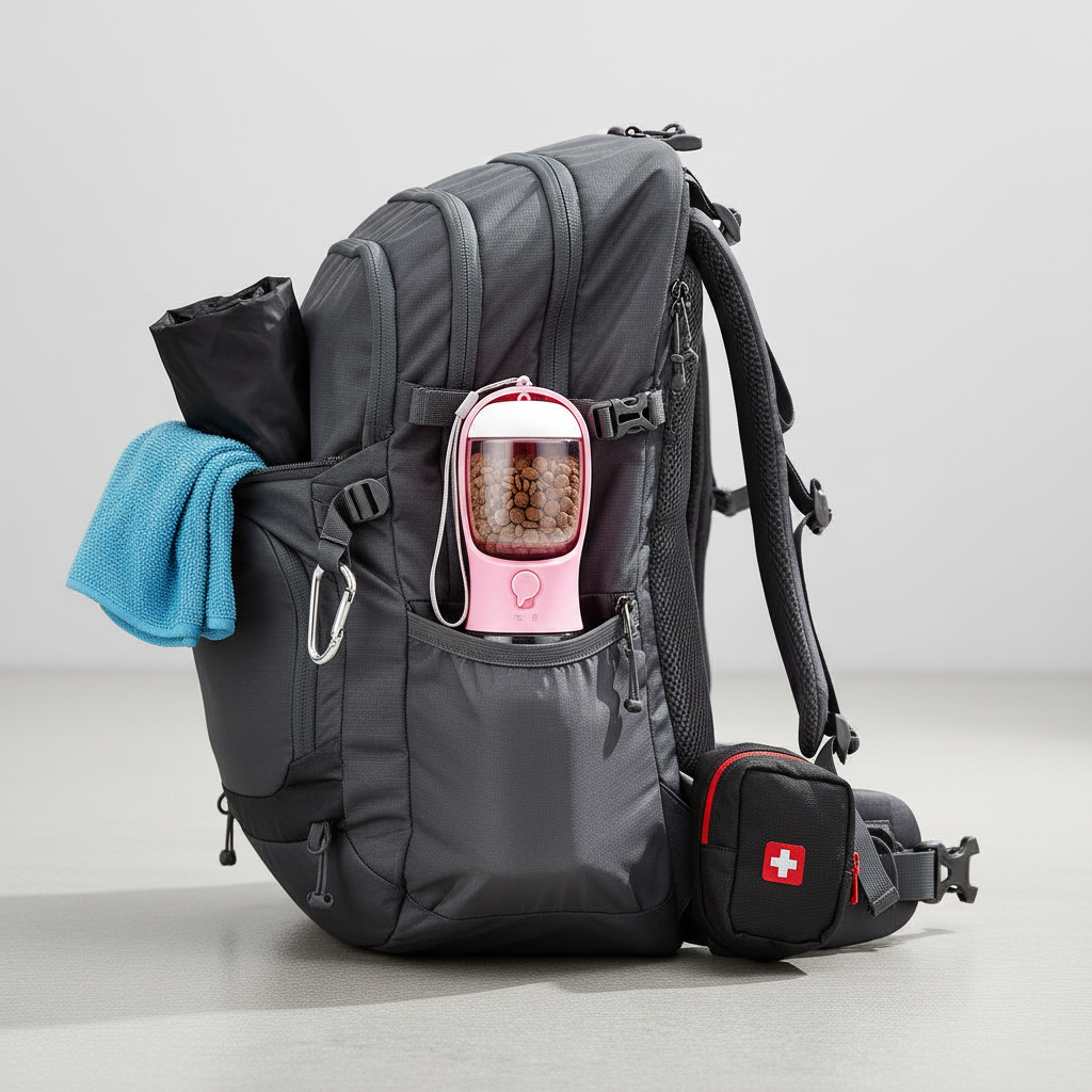 Pink pet water bottle in backpack side pocket hiking