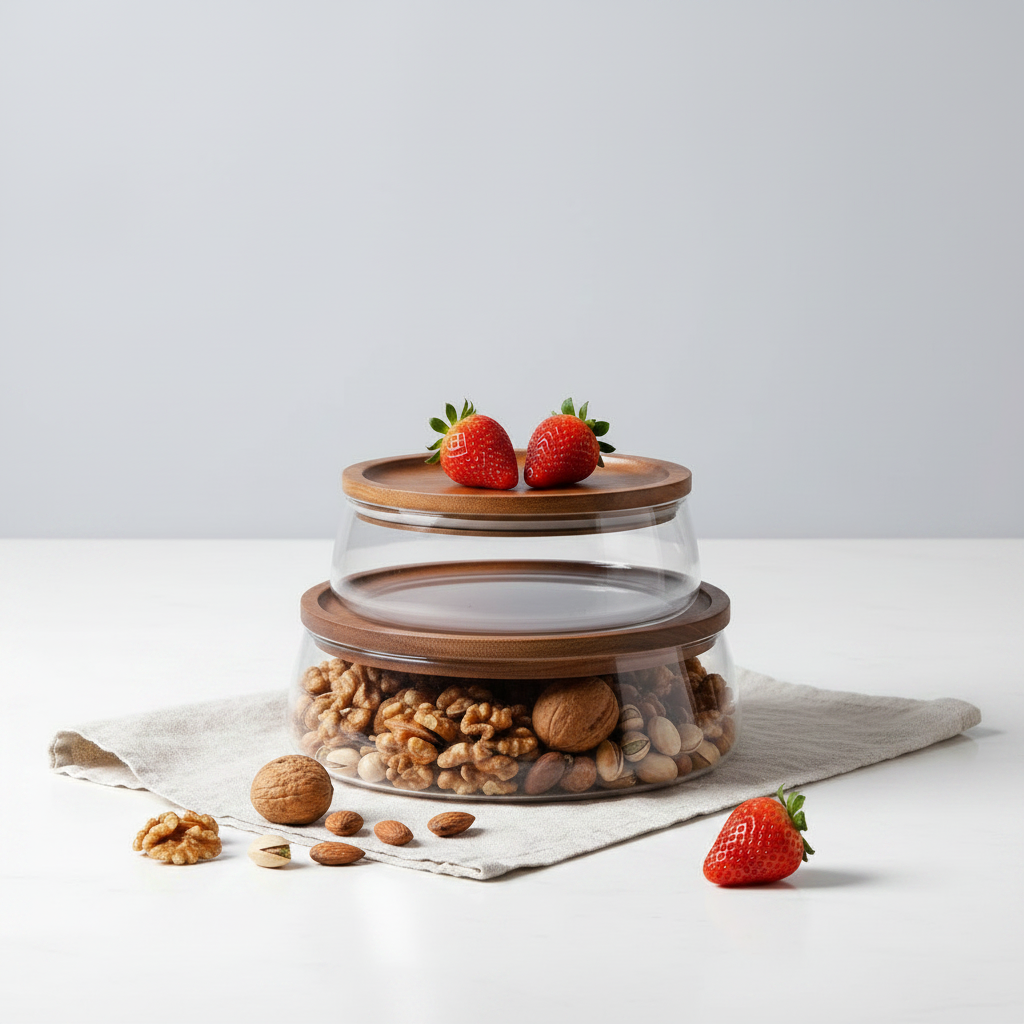 Glass food storage jars top-down studio scene