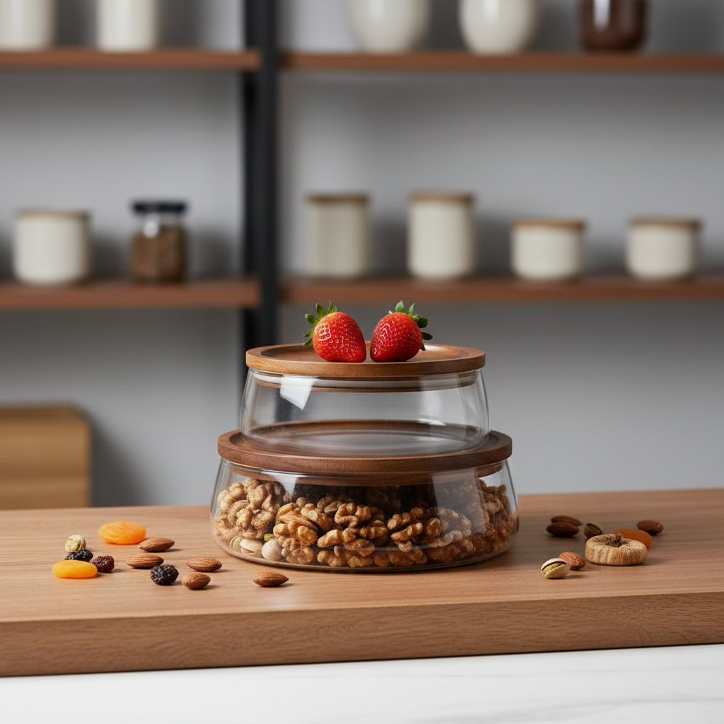 Glass food storage jars left 3/4 angle studio scene