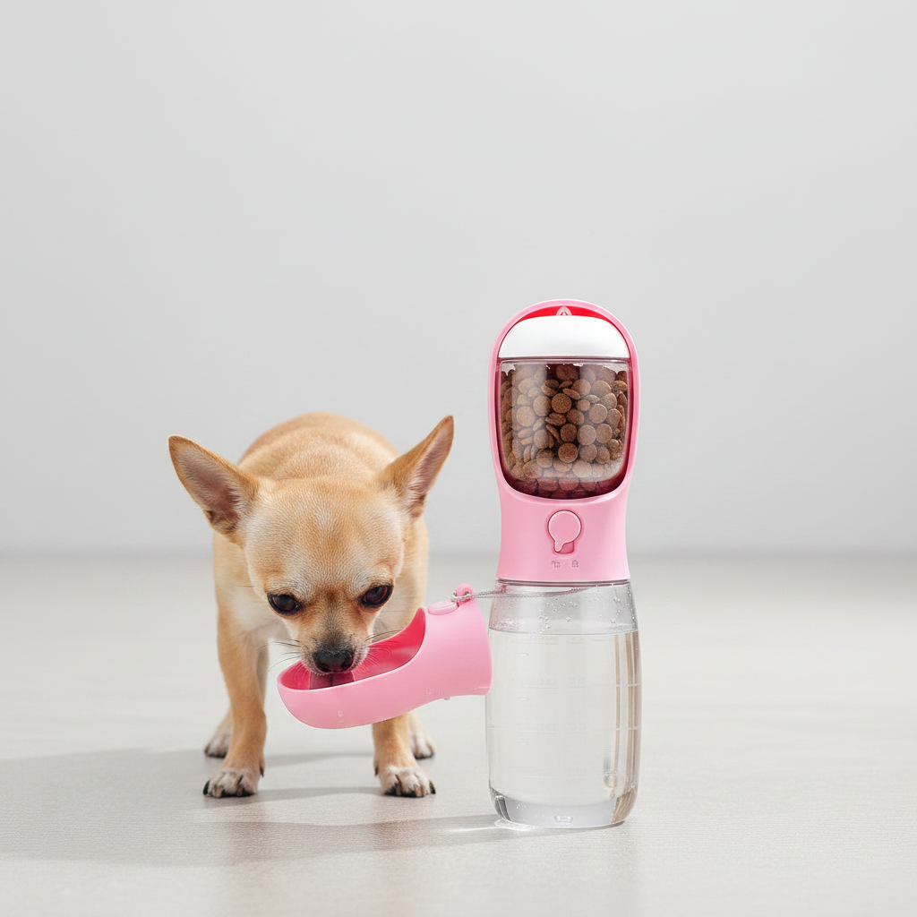 Chihuahua drinking from collapsible bowl pet water bottle