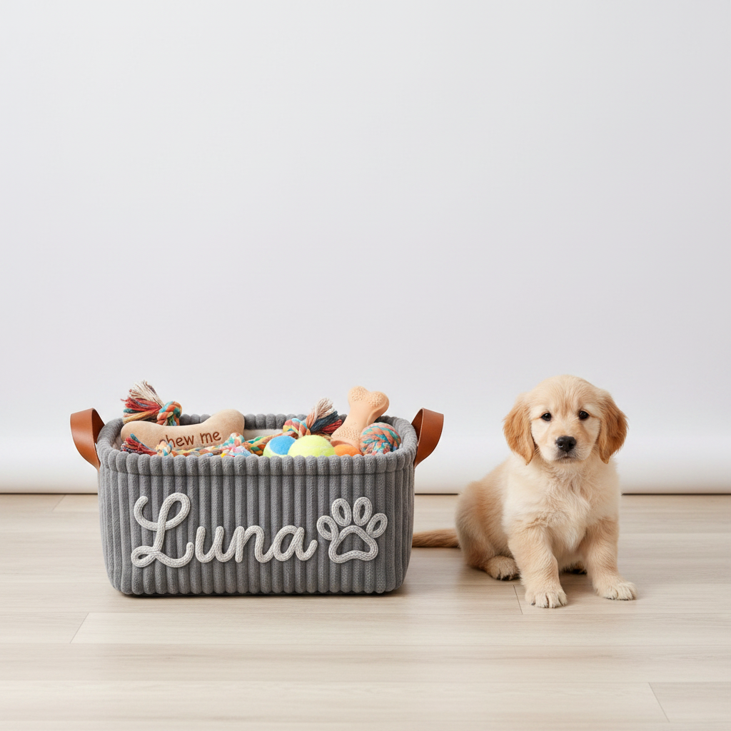 Gray dog toy basket Luna with golden retriever puppy