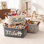 Two personalized dog toy baskets white and gray side by side