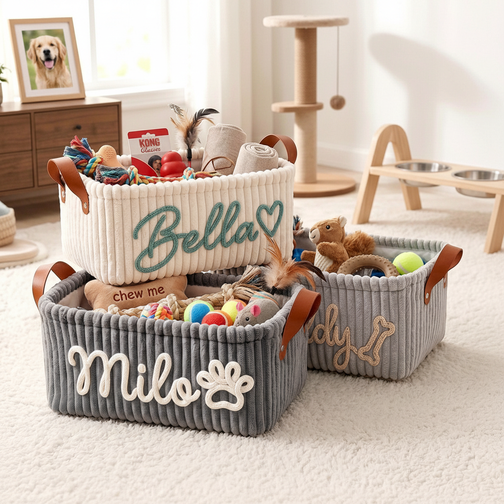 Two personalized dog toy baskets white and gray side by side