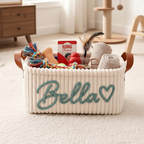 Close-up white corduroy basket Bella embroidery detail