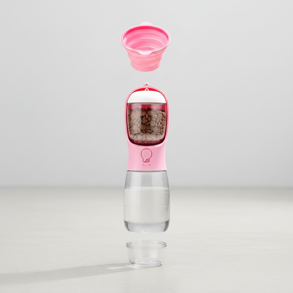 3-in-1 pet water bottle with collapsible bowl extended open