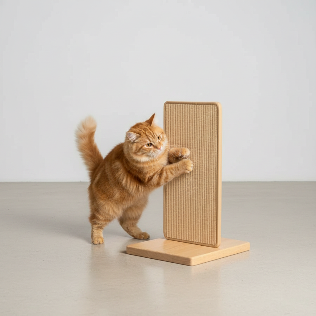 Orange tabby cat scratching vertical sisal post