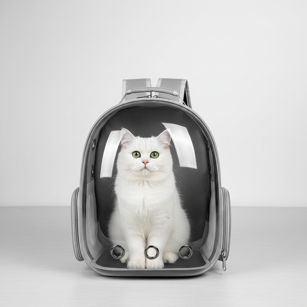 White cat sitting inside pet bubble backpack