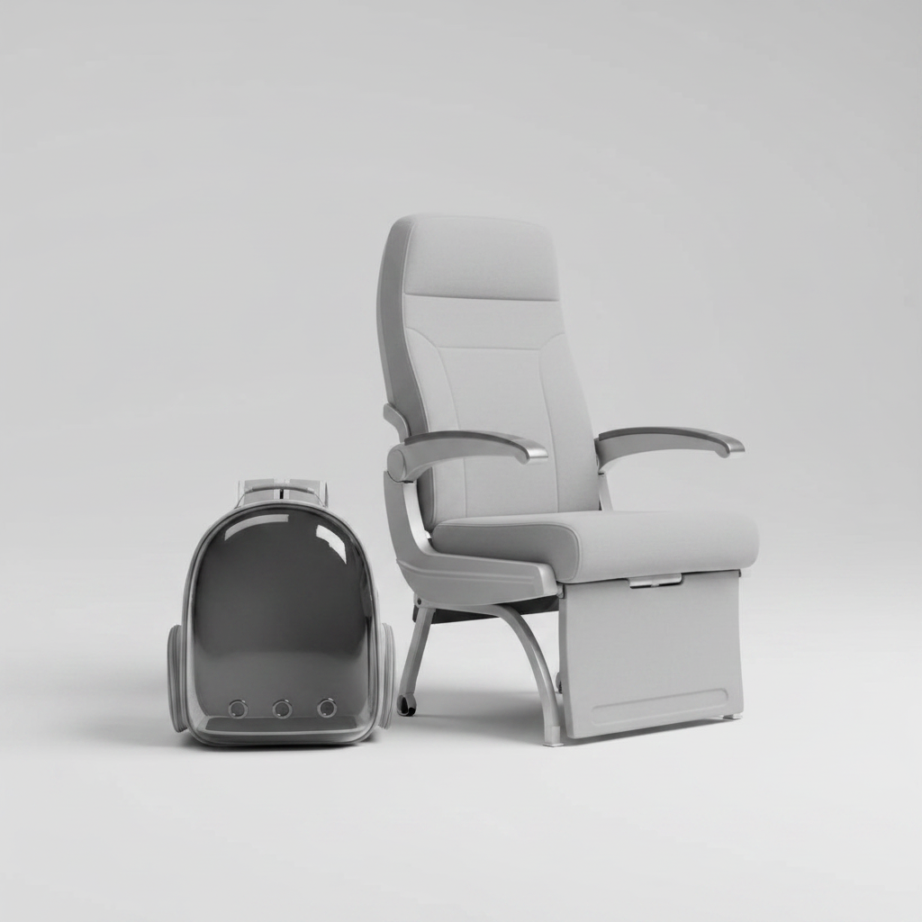 Pet bubble backpack beside airline seat travel scene