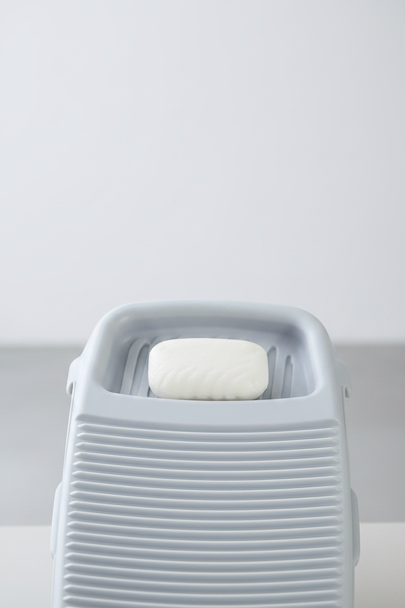 Close-up detail of washboard ribbed surface and soap dish