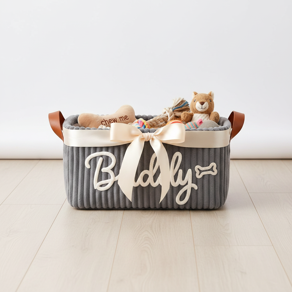 Personalized dog toy basket gift with ribbon bow