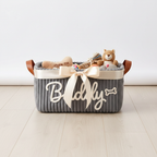 Personalized dog toy basket gift with ribbon bow