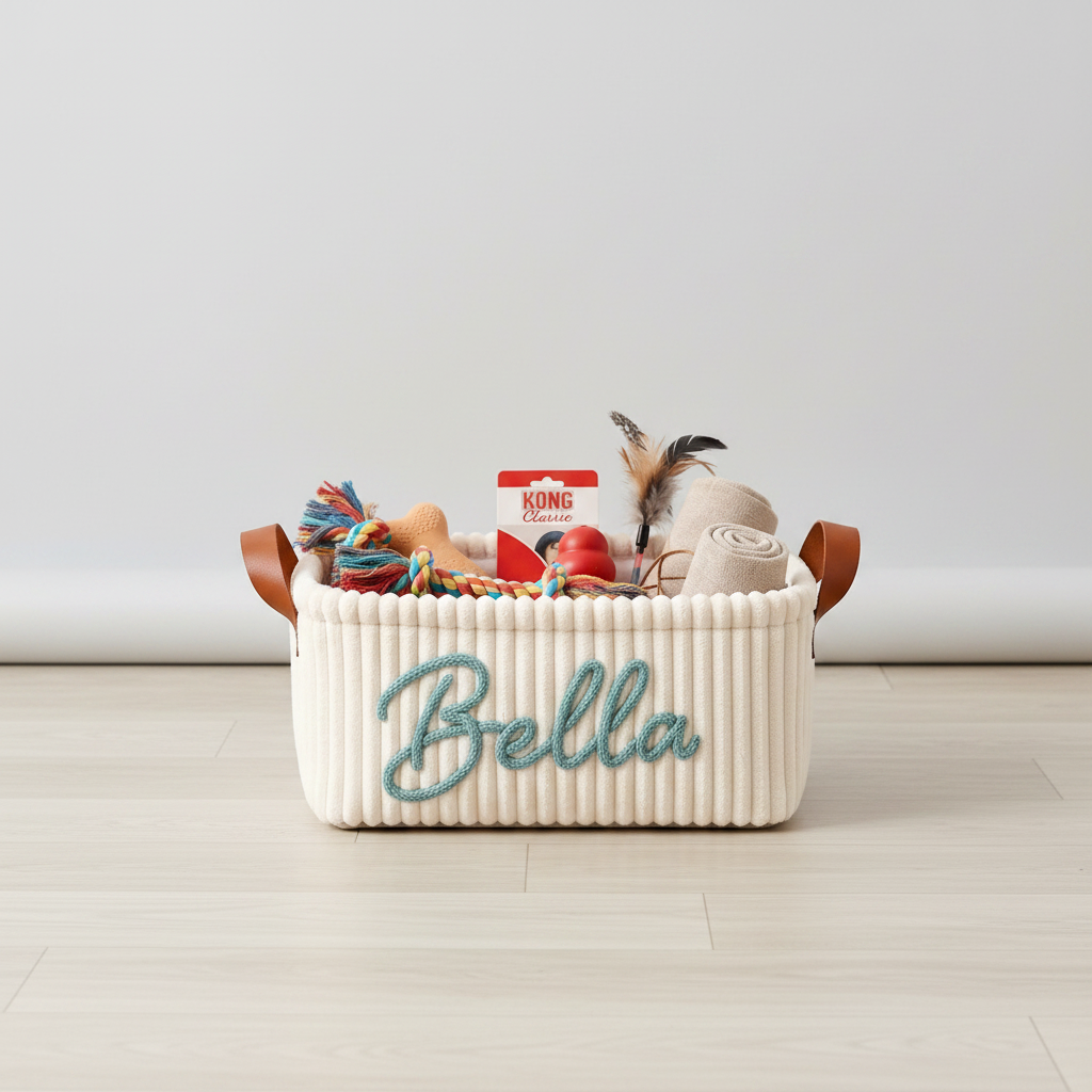 Personalized corduroy dog toy basket white Bella studio