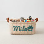 Personalized corduroy dog toy basket gray Milo studio