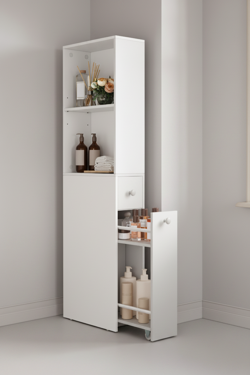 Slim Bathroom Storage Cabinet - Low Angle View