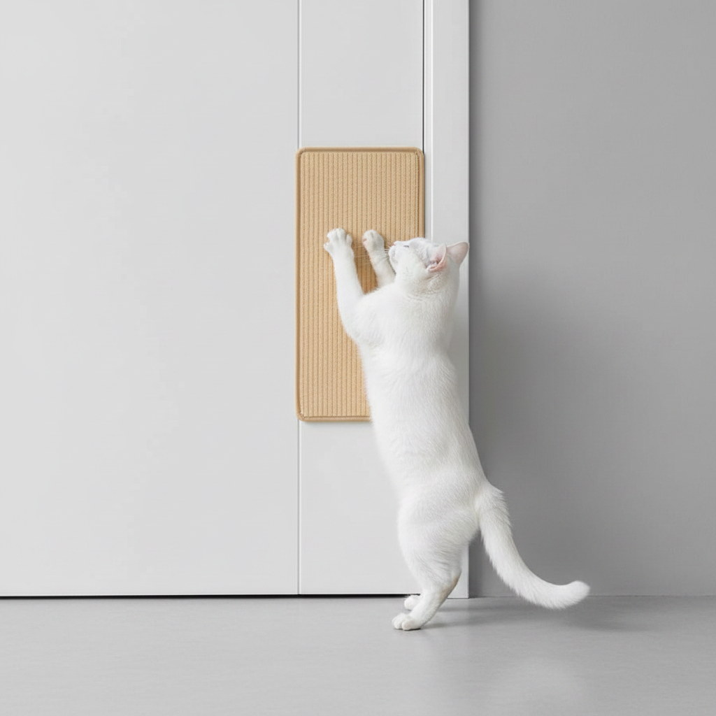 Cat scratching post beside door frame white cat stretching