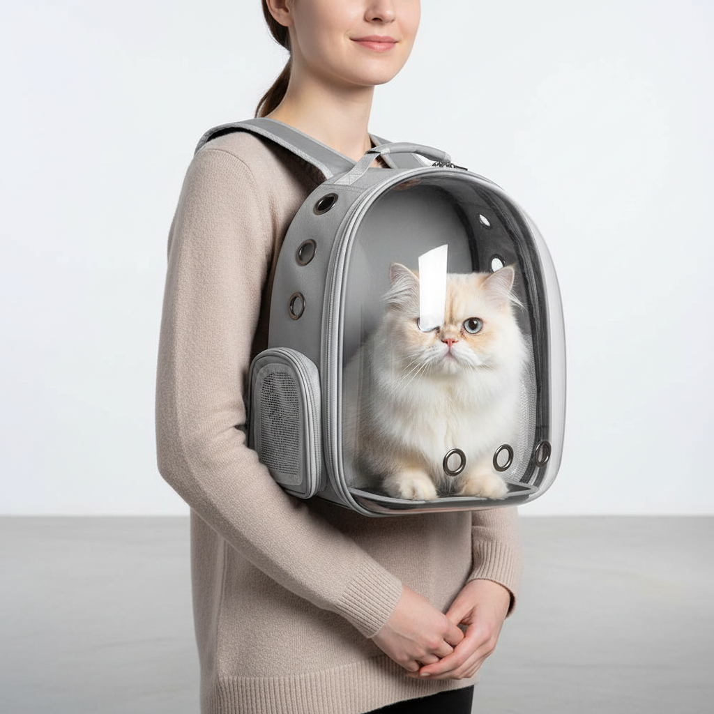 Person wearing pet bubble backpack with cat looking out