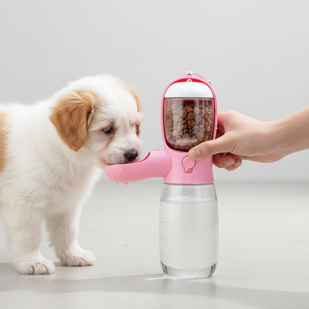 Hand pressing dispenser button small dog drinking water