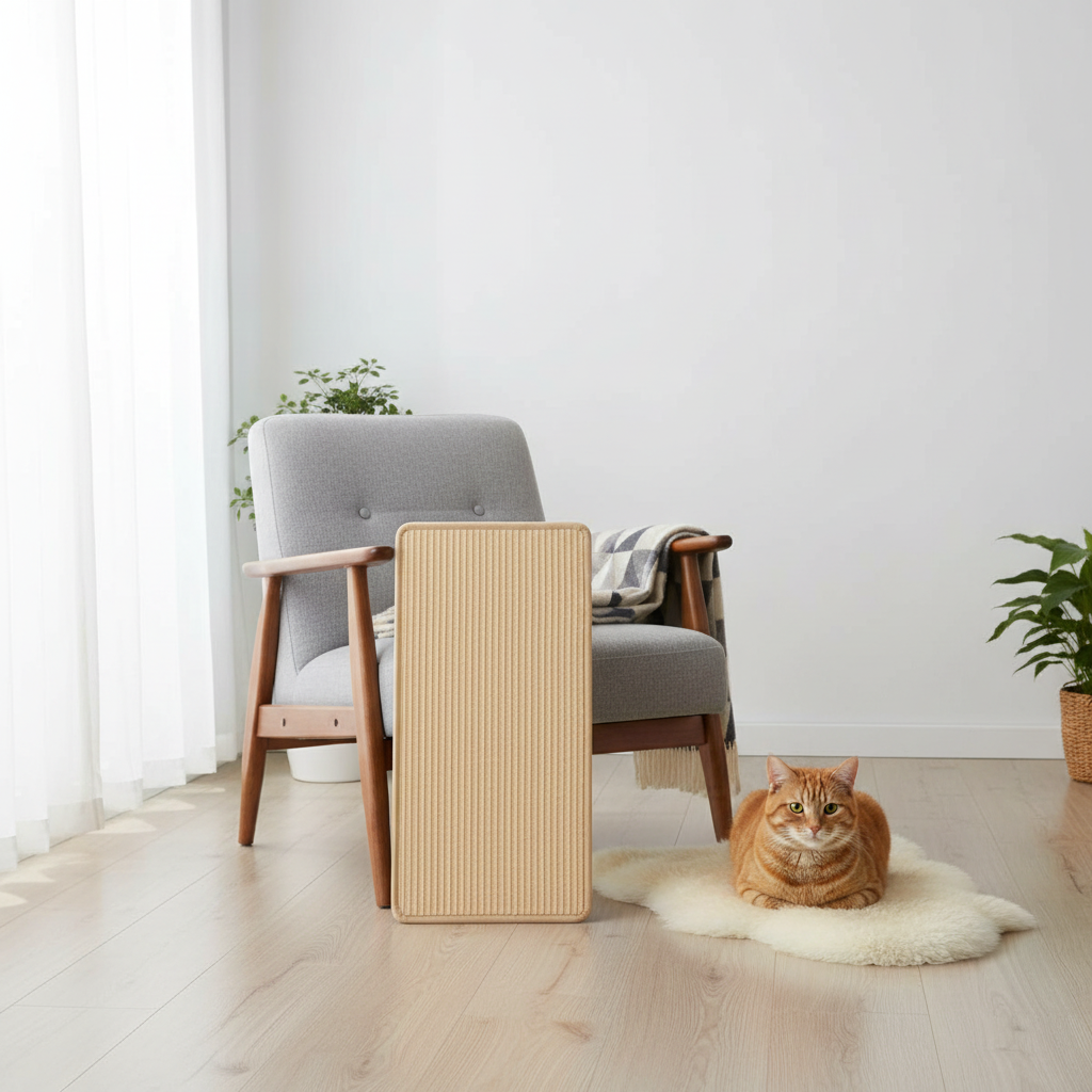 Cat scratching post beside armchair protecting furniture
