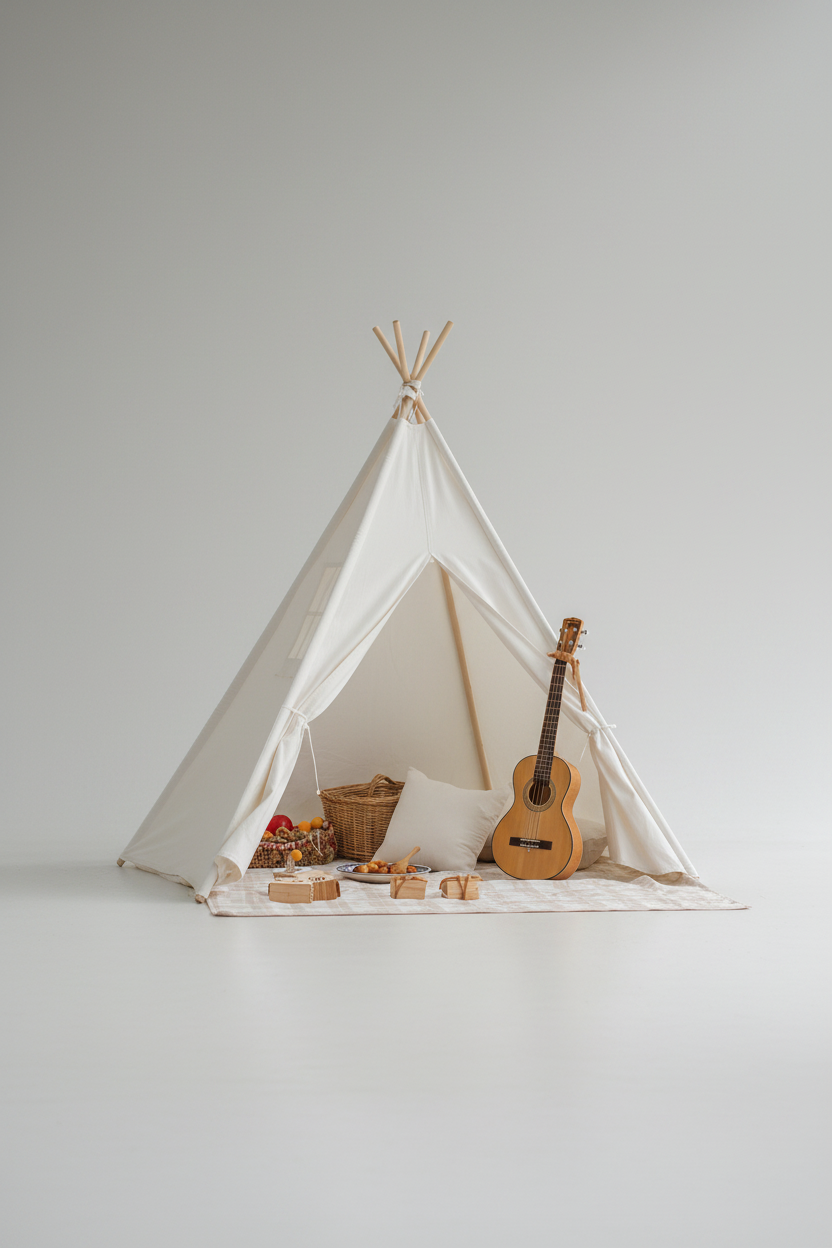 White tipi teepee tent low angle view studio