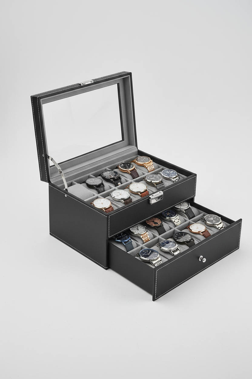20-Slot Watch Box - 3/4 Angle Drawer Open