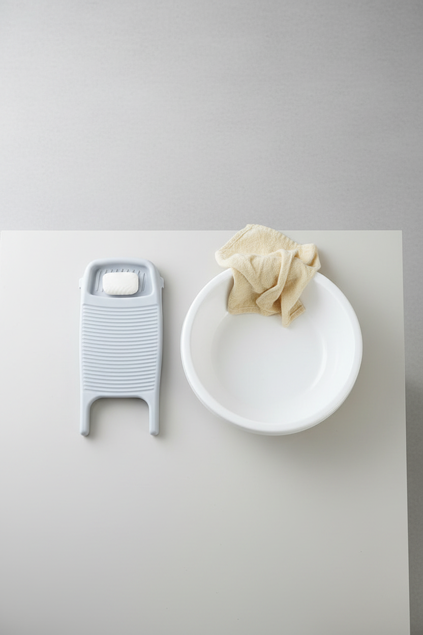 Flat lay of washboard with basin and linen cloth