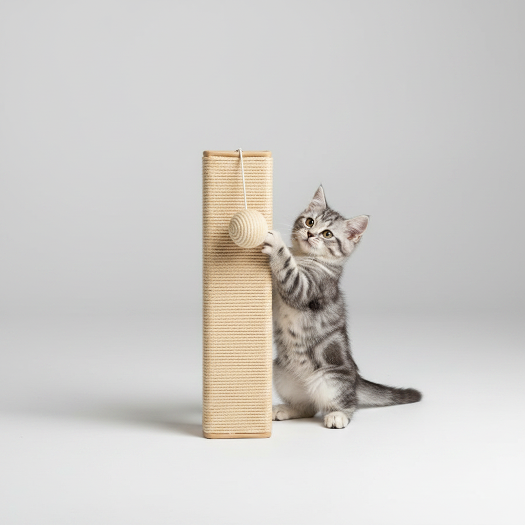 Cat scratching post with hanging toy ball kitten playing