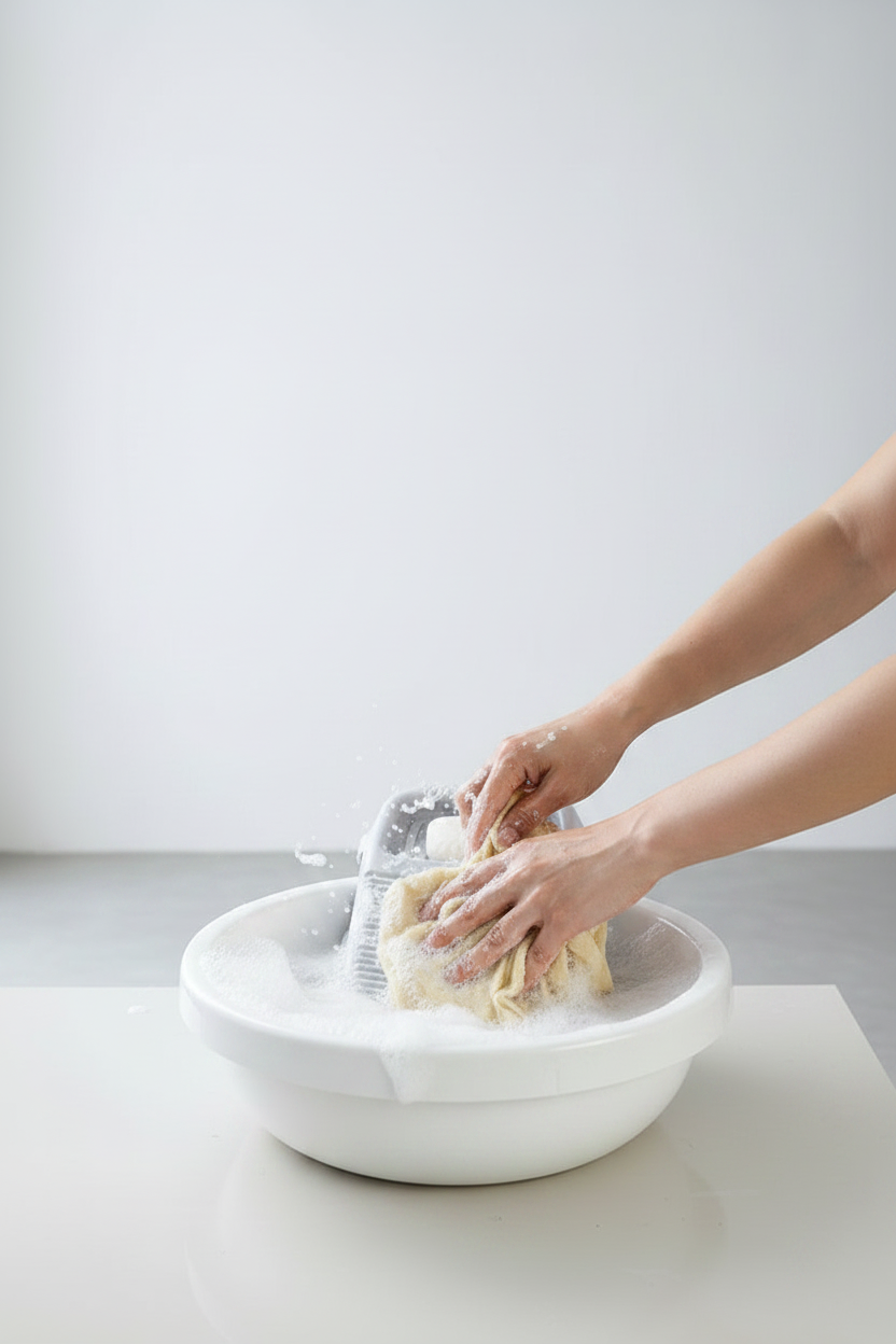 Hands scrubbing clothes with washboard in soapy water